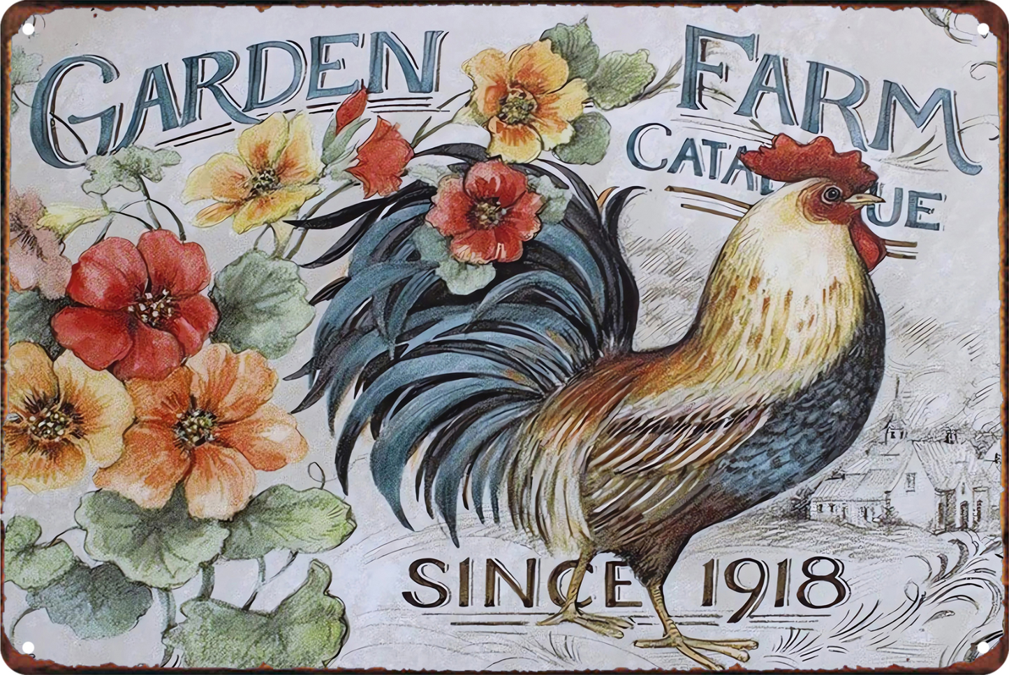 Garden Farm Since 1918 Rooster Flower Tin Sign Rustic Look  Retro 20x30cm
