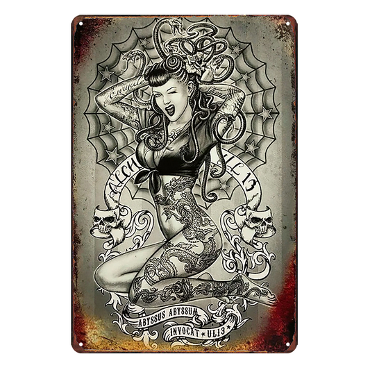 2x Tattoo Sexy Girl Pip-up Rustic Tin Sign Abyssus Vintage Garage Bar