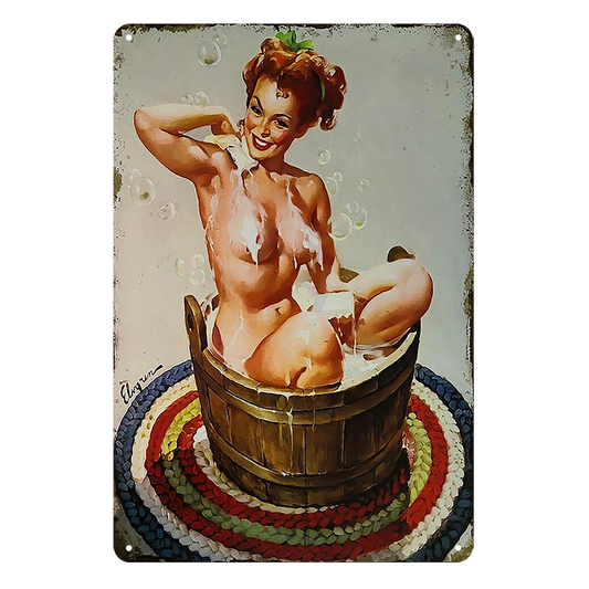 Bath Soap Bathroom Pin Up Lady In Tub Tin Metal Sign Rustic Vintage