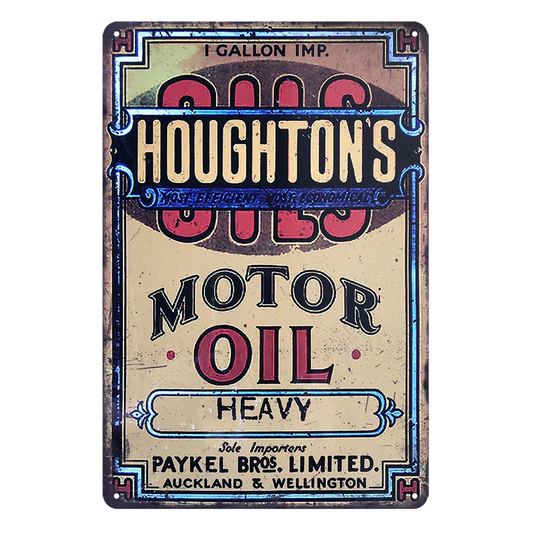Houghton's Motor Oil Paykel Bros. Rustic Metal Sign Vintage Tin Bar