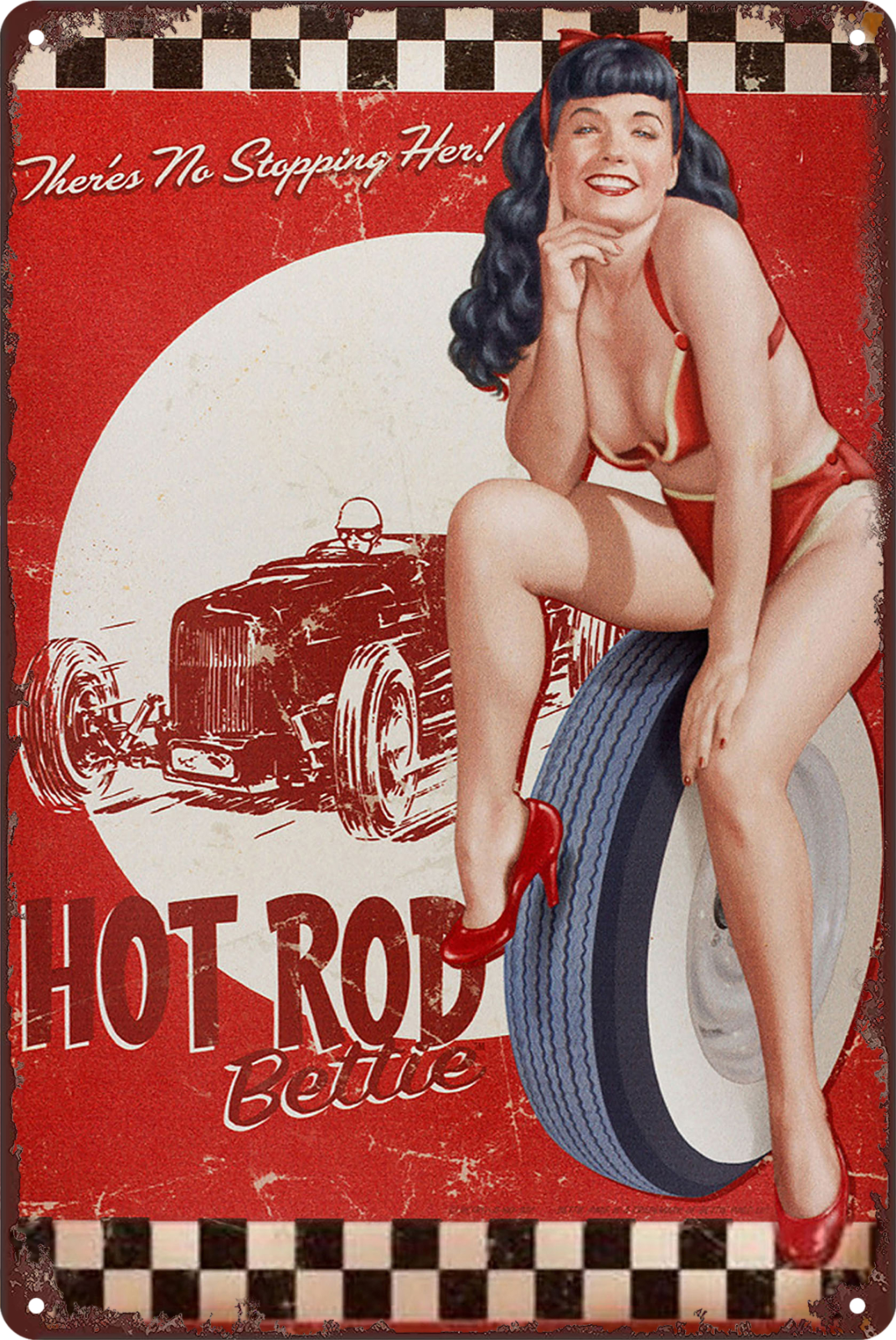 Pip Up Sexy Lady Hot Rod Bettie Tin Sign Rustic Look  Retro 20x30cm