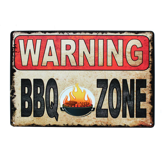Warning Metal Tin Sign 300 X 200mm BBQ Zone Rustic Look Vintage Man Cave