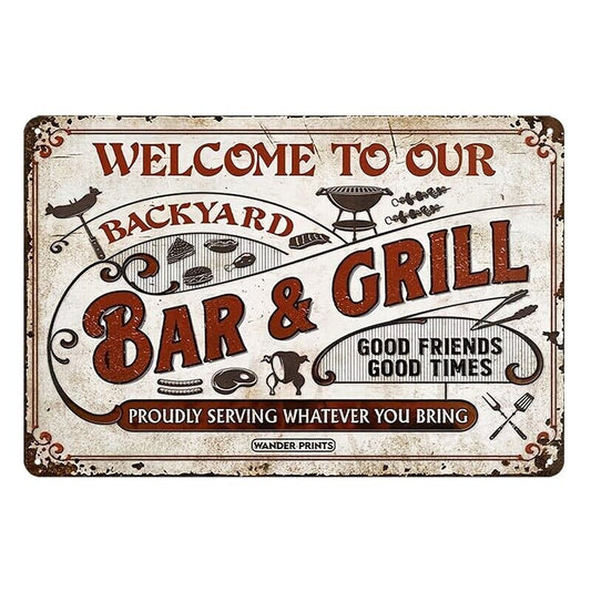Tin Metal Sign Bar Grill Welcome Backyard Good Friends Time 20x30cm Rustic