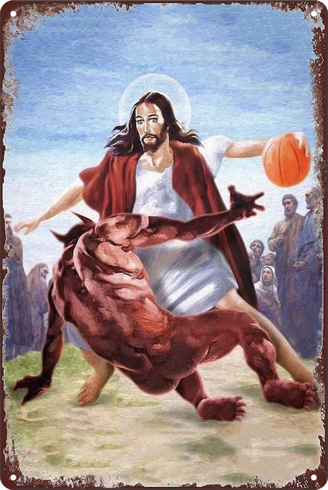 Jesus Vs Satan In Basketball Tin Sign Rustic Vintage Retro 20x30cm