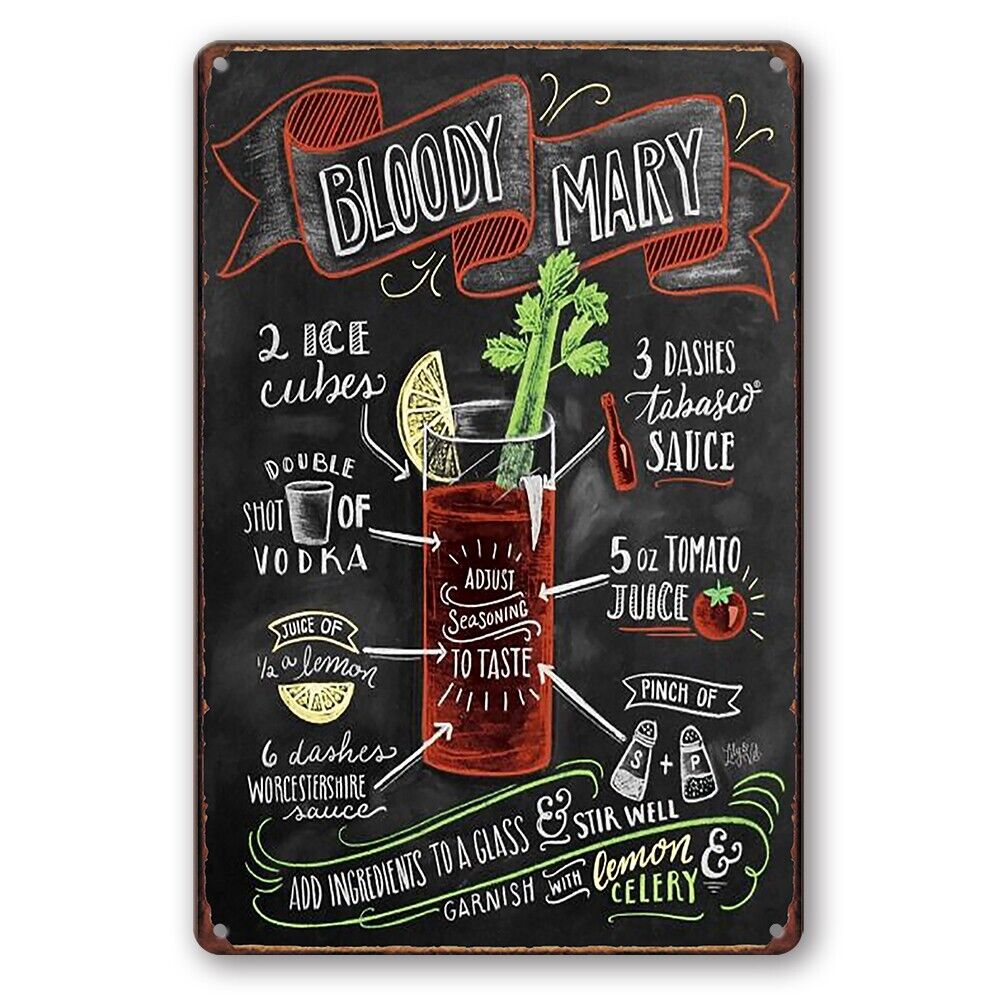 Tin Sign Bloody Mary Ice Bubes Taste Seasoning Vodka Sauce Rustic Look