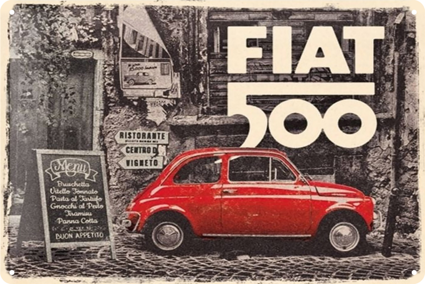 Fiat 500 Tin Sign Red Car Rustic Look Vintage Retro 20x30cm