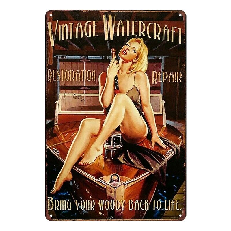 Tin Metal Sign Vintage Watercraft Restoration Repair Woody Back 20x30 Rustic