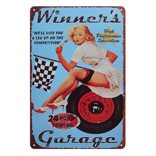 Pin Up Girl Winner's Garage Towing 24hour Rustic Metal Sign Vintage Tin