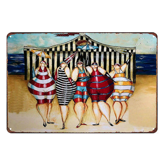 Beach 5 Fat Ladies Sunbathing Ocean Rustic Metal Sign Vintage Tin Garage