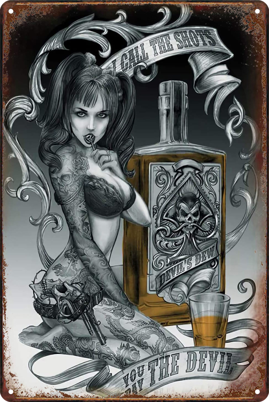 Devil's Dew You Pay The Devil I Call The Shot Tattoo Pip Up Tin Sign 20x30cm