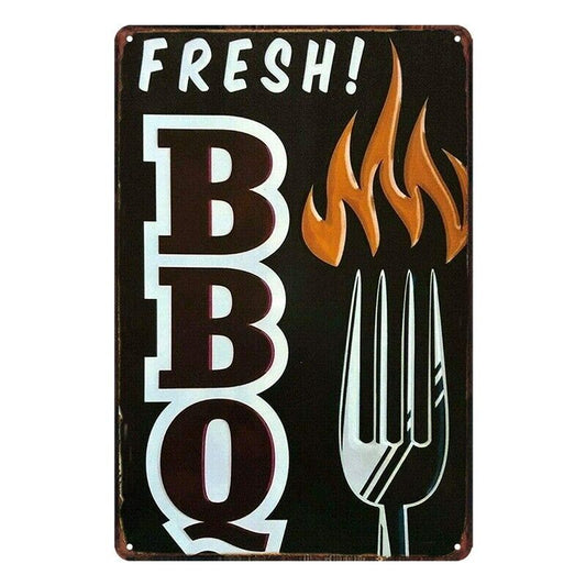 Tin Metal Sign BBQ Fresh Fork Flamme 20x30cm Rustic Look Vintage