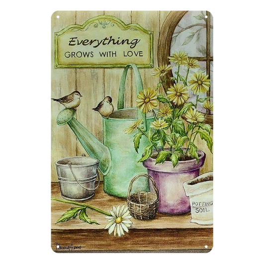Everything Grows With Love Bird Garden Rustic Metal Sign Vintage Tin Shed Garage