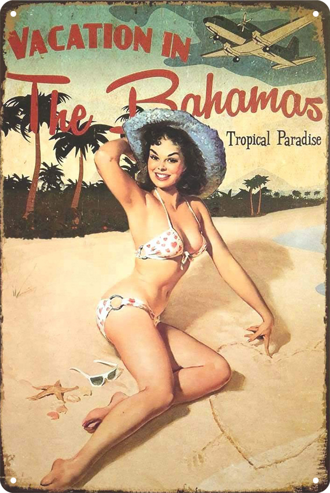Beach Vacation In The Bahamas Sexy Pip-up Girl Tin Sign Rustic Retro 20x30cm