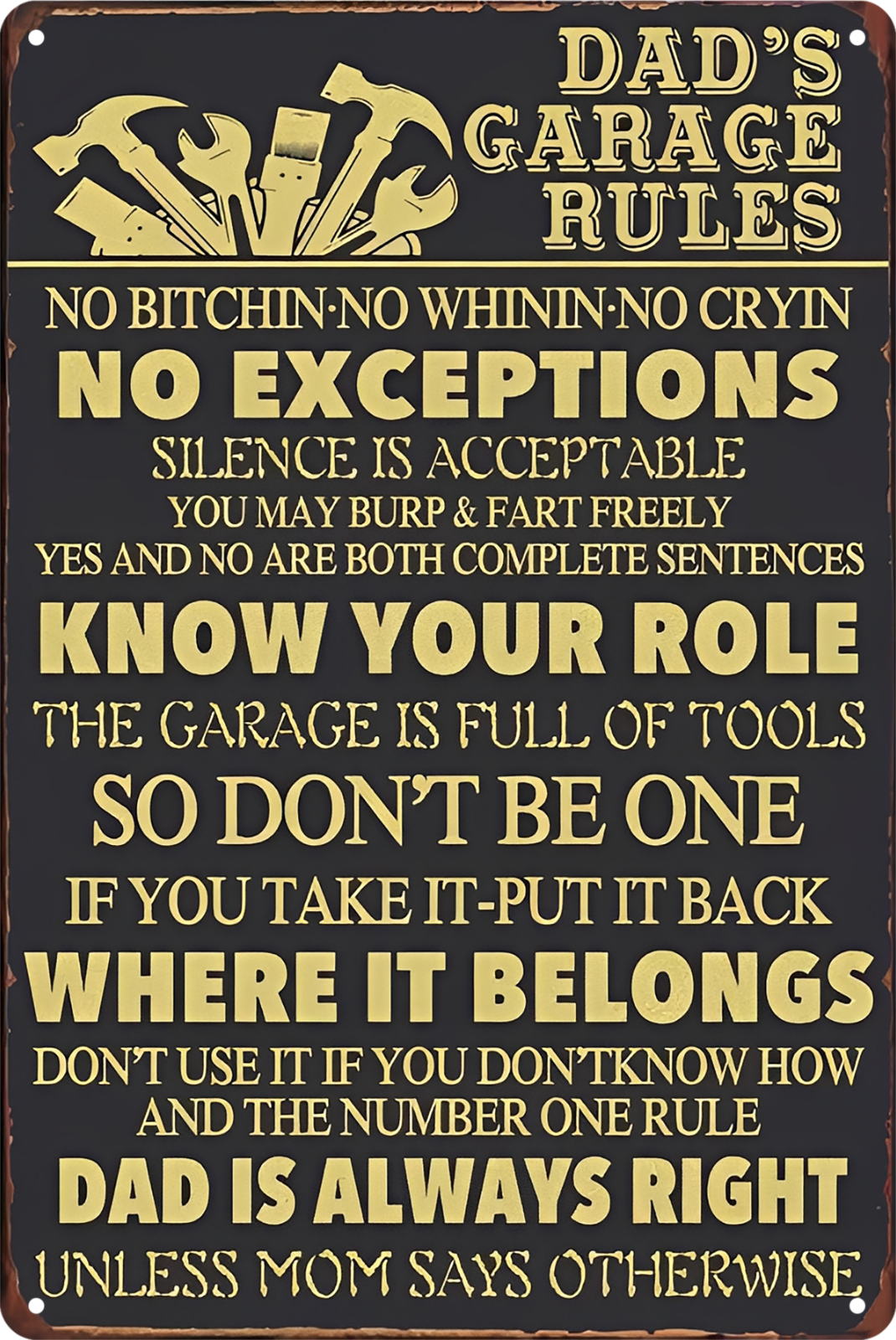 Dad's Garage Rules No Exceptions Always Right Tin Sign Rustic Retro 20x30cm