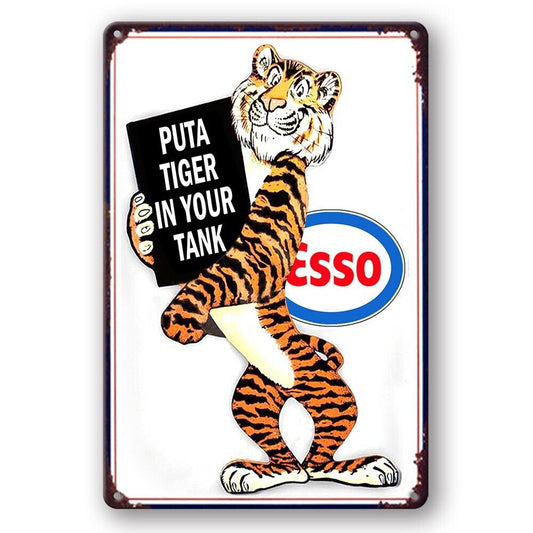 Tin Sign Esso Mobil Oil Car Puta Tiger In Your Tank Metal Plate Rustic Decorativ