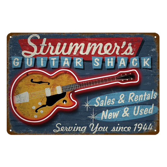 Strum Strummer Guitar Shack Music 1944 Rustic Metal Sign Vintage Tin