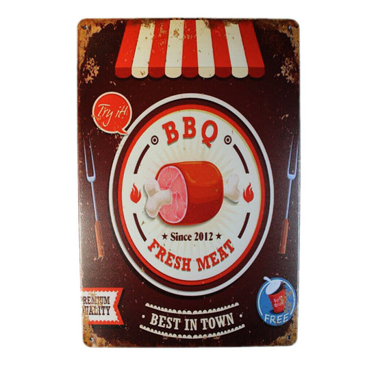Tin Sign  BBQ Fresh Meat  Sprint Drink Bar Whisky Rustic Look