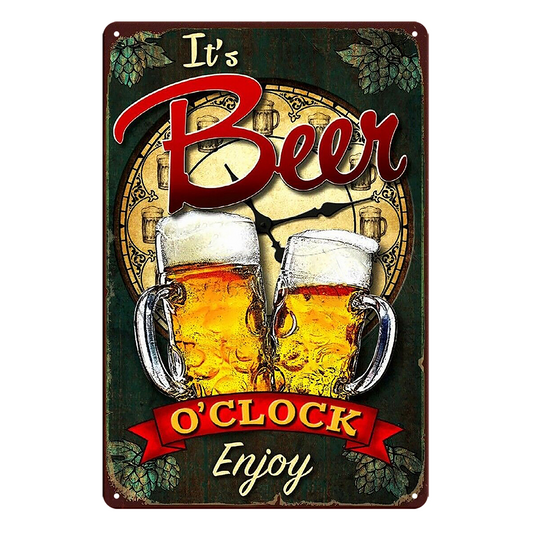 Beer O'clock Enjoy Cold Drink Tin Metal Sign Rustic Look Vintage