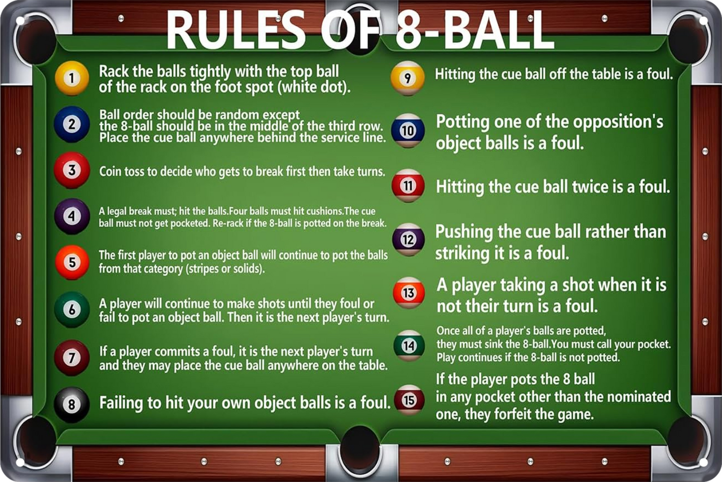 Rules Of 8-ball Tin Sign Ball Billiards Pool Table Rustic Look  Retro 20x30cm