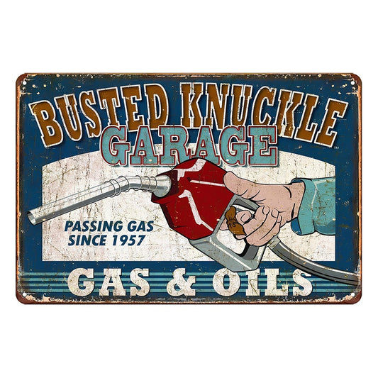 Busted Knuckle Garage Gas Passing Since 1957 Oil Tin Sign Vintage