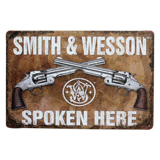 Tin Sign Smith & Wesson Spoken Here Pistol Rustic Decorative Vintage