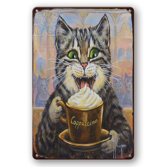 Tin Sign Cat Cappuccino Coffee Drink Metal Plate Rustic Decorative Vintage Wall