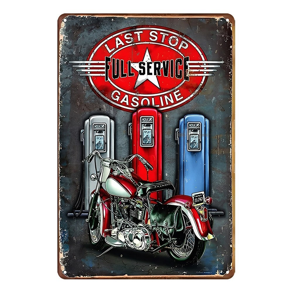 Last Stop Full Service Gasoline Motorcycle Tin Sign Vintage