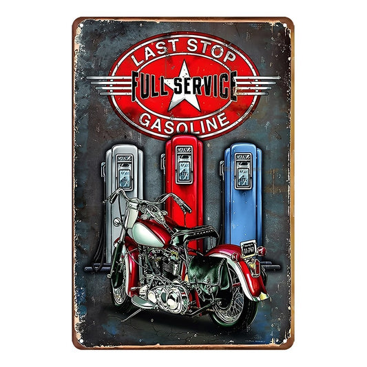 Last Stop Full Service Gasoline Motorcycle Tin Sign Vintage