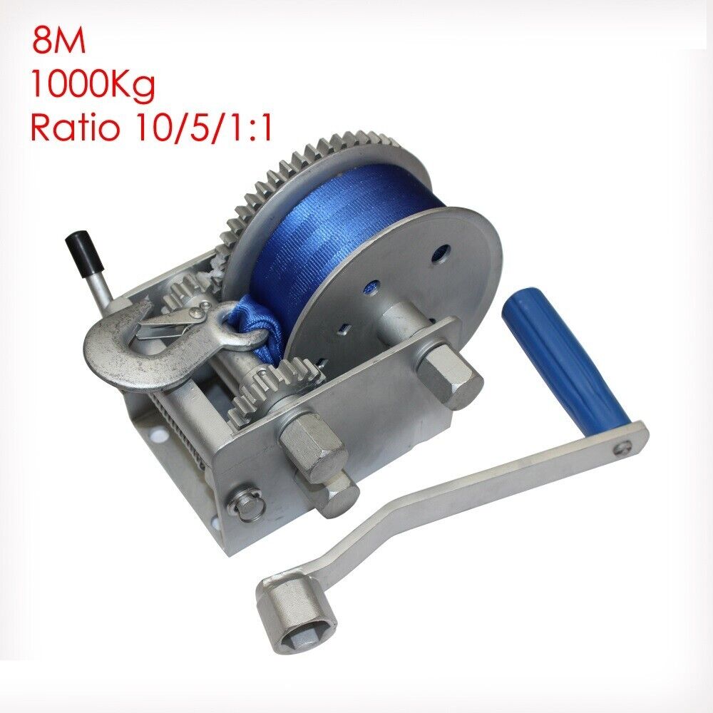 Hand Winch Webbing 1000kg 8m 3speed 10/5/1:1 Boat Car Marine Trailer Heavy Duty