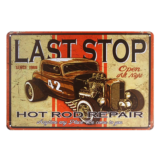 2x Hot Rod Repair Last Stop Rustic Tin Sign Vintage Garage Bar