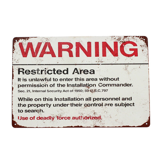 Warning Metal Tin Sign 300 X 200mm Restricted Area Rustic Look Vintage Man Cave