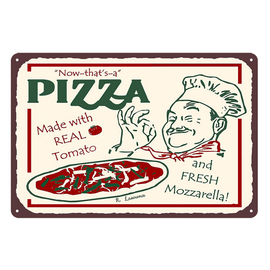 Pizza Fresh Mozzarella Real Tomato Rustic Metal Sign Vintage Tin Garage Bar