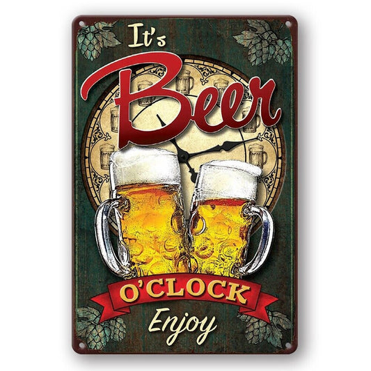 Tin Sign It's Beer O'clock Enjoy Cheers Drink Rustic Decorative Vintage