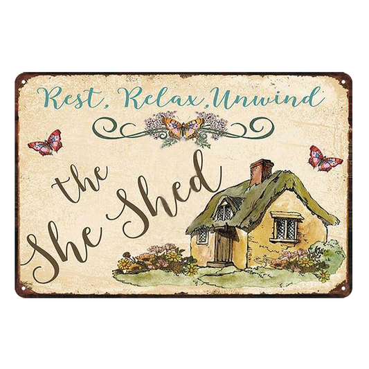2x The She Shed Rest Relax Unwind Rustic Tin Sign Vintage Garage Bar