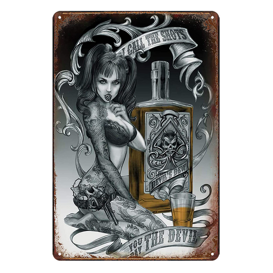 Whiskey Devil Dew The Shots Tin Metal Sign Rustic Vintage Drink Bar Man Cave