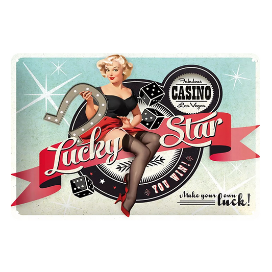 Pin Up Girl Lucky Star Casino Rustic Metal Sign Vintage Tin