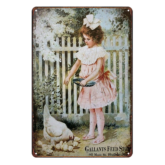 Gallants Feed Store Farmhouse Girl Hens Tin Metal Sign Rustic Look Vintage