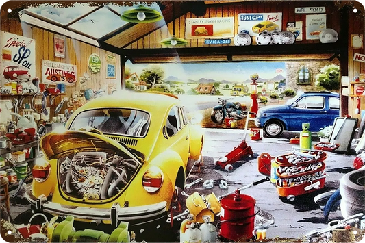 2x Buffalo Games Cartoon World Sam's Garage Tin Metal Sign Rustic Vintage