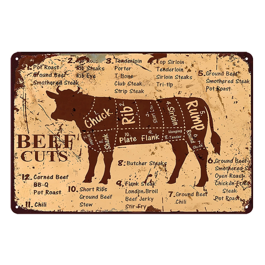 Beef Cuts Chuck Rib Rump Rustic Metal Sign Vintage Tin Shed Garage Bar