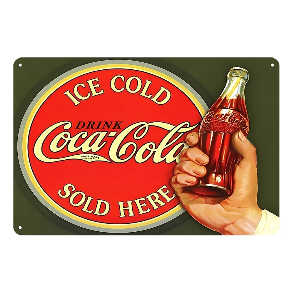 Coca Cola Ice Cold Sold Here Red Bottle Drinking Tin Sign Vintage