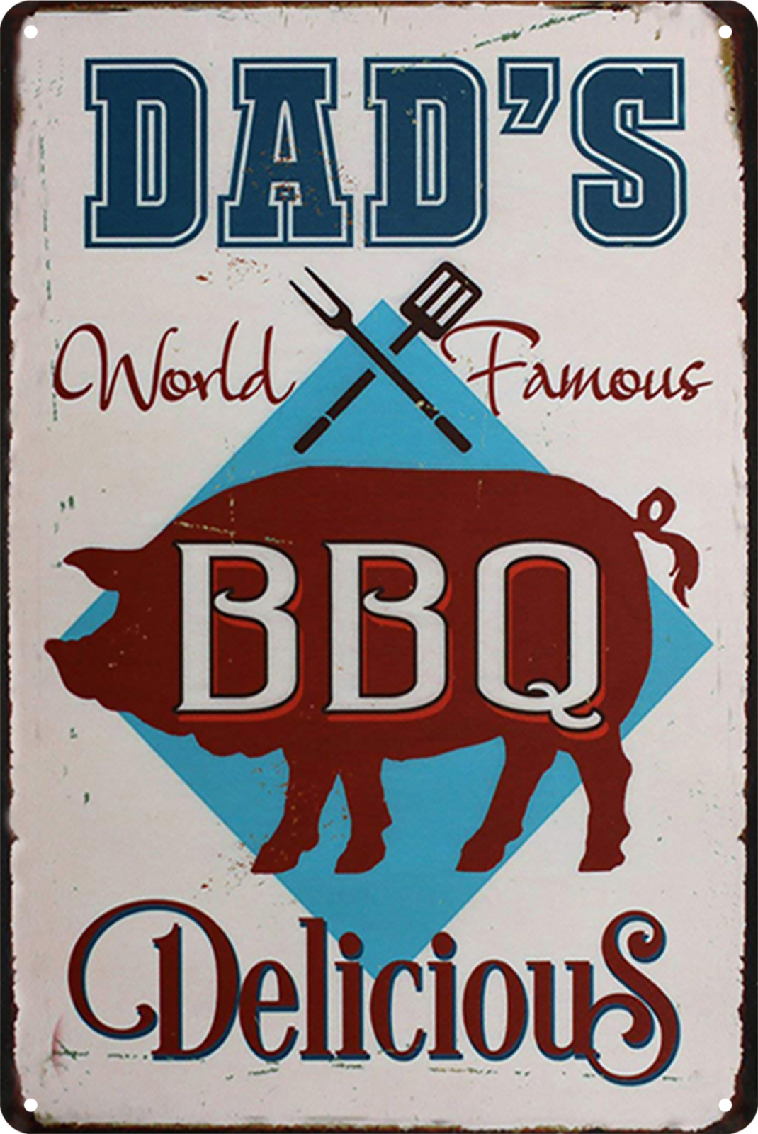 Tin Sign Dad's World Famous BBQ Delicious Pig Rustic Retro 20x30cm