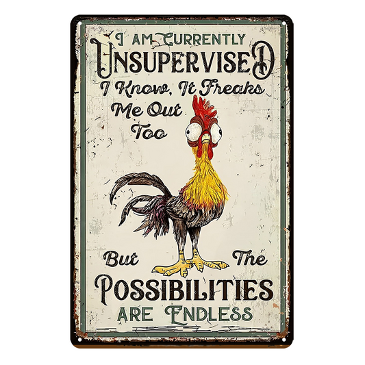 2x Rooster Unsupervised Possibilities Are Endless Rustic Tin Sign Vintage Bar