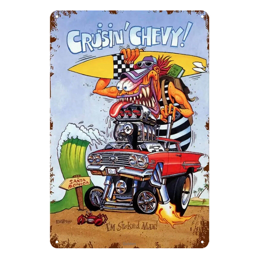 Cruising Chevy Rat Fink Stoked Man  Tin Metal Sign Rustic Look Vintage