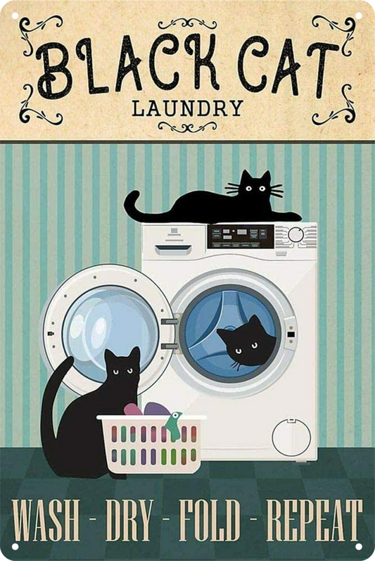 Black Cat Laundry Wash Dry Fold Repeat Tin Sign Retro 20x30cm