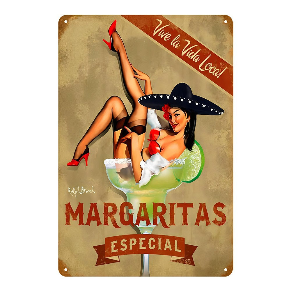 Margaritas Especial Vive La Vida Local Sexy Lady Drinking Tin Sign Vintage