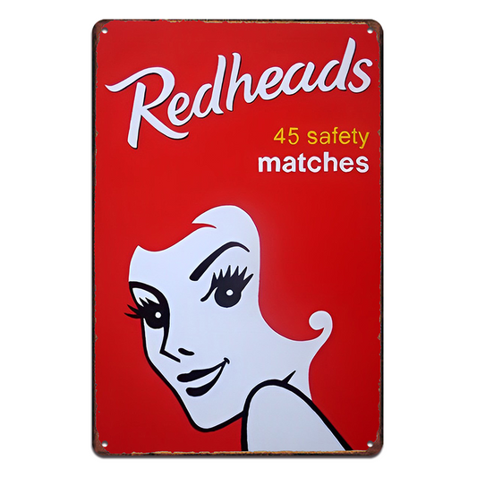 Redheads Matches 45 Safety Tin Metal Sign Vintage Man Cave Smoking