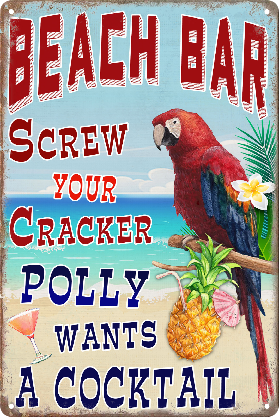Beach Bar A Cocktail Cracker Polly Parrot Tin Sign Rustic Look Retro 20x30cm