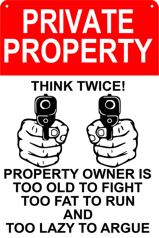 2x Private Property Gun Warning Tin Metal Sign Rustic Look Vintage