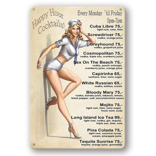 Tin Sign Happy Hour Cocktails Uniform Lady Drink Rustic Decorative Vintage