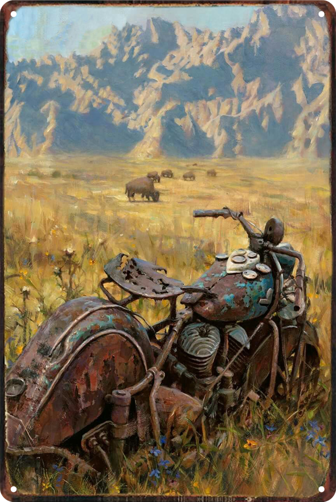 Badlands Wild Cows And Old Motorcycle Mountain Tin Sign Retro 20x30cm